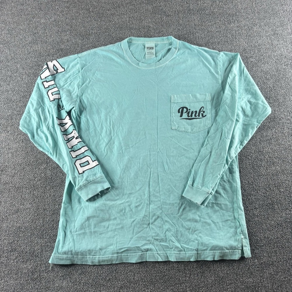 PINK Victoria's Secret Shirt Womens L Blue Long Sleeve Pocket Logo Graphic Tee